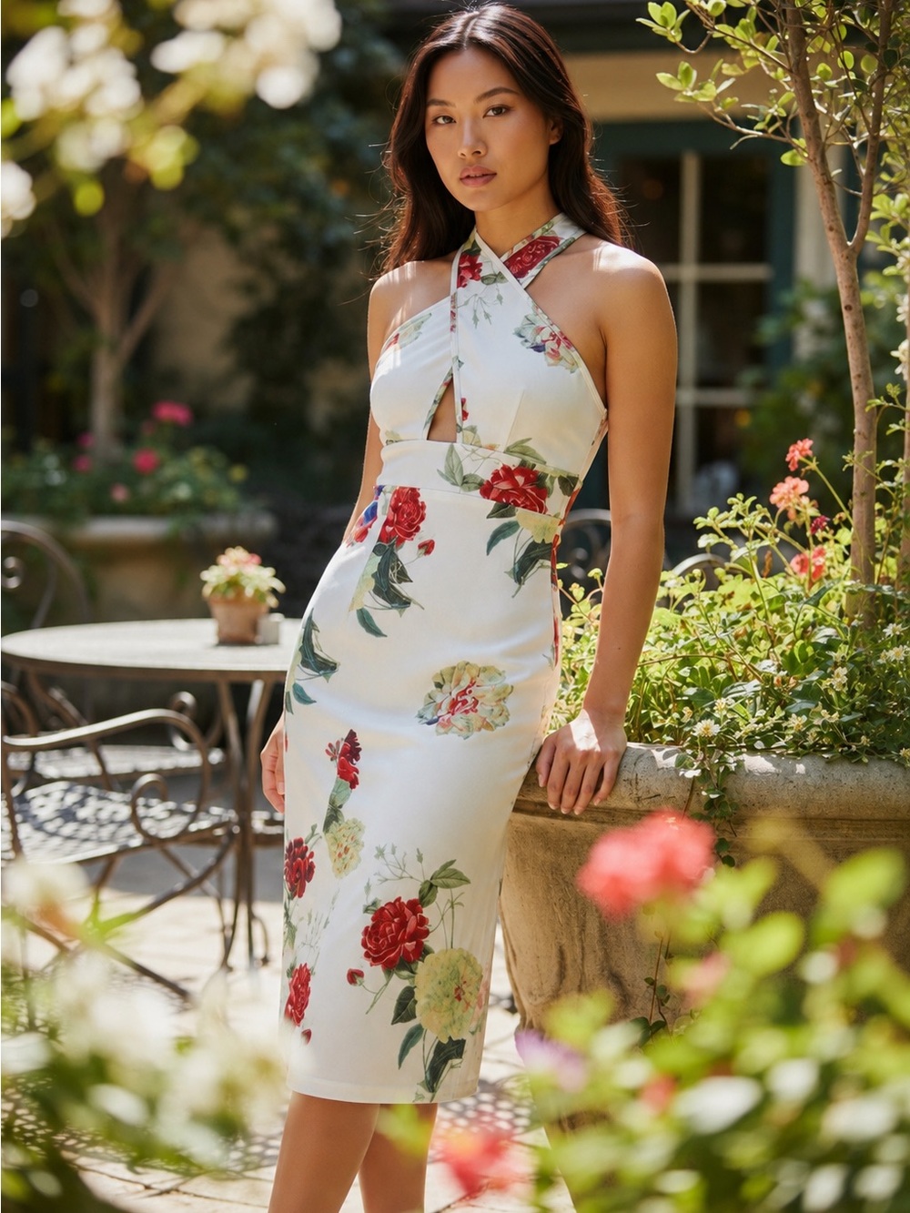 AX Paris White Midi Dress with Red & Green Floral Print
